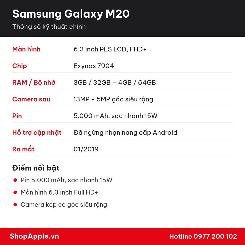 Thông số kỹ thuật Samsung Galaxy M20