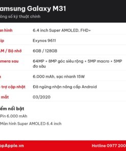 Thông số kỹ thuật Samsung Galaxy M31