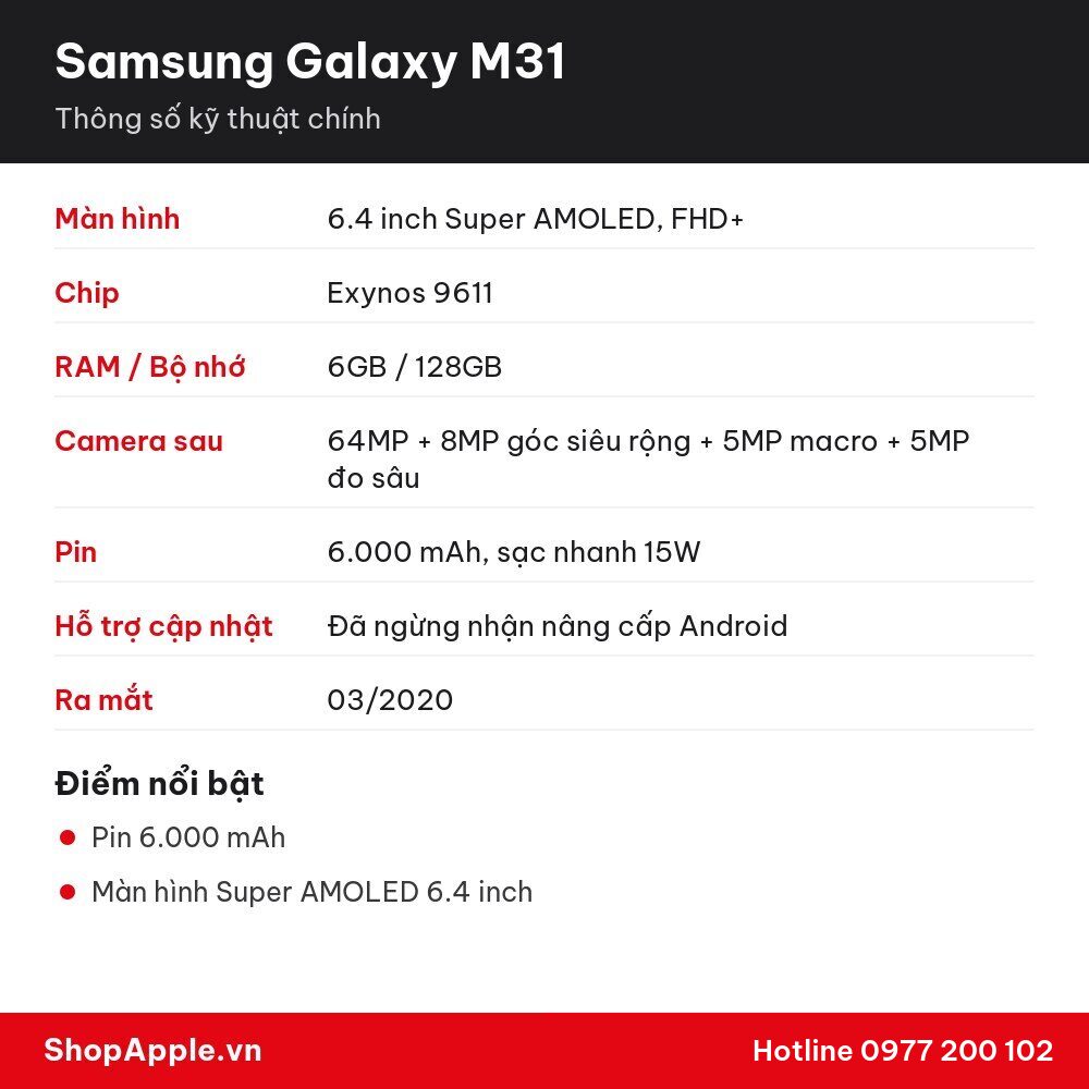 Thông số kỹ thuật Samsung Galaxy M31
