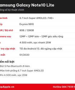 Thông số kỹ thuật Samsung Galaxy Note10 Lite