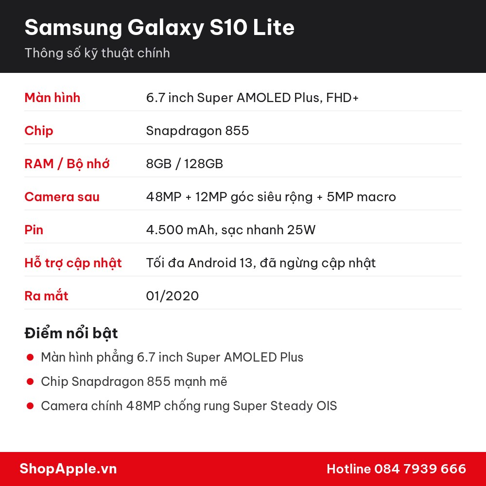 Thông số kỹ thuật Samsung Galaxy S10 Lite