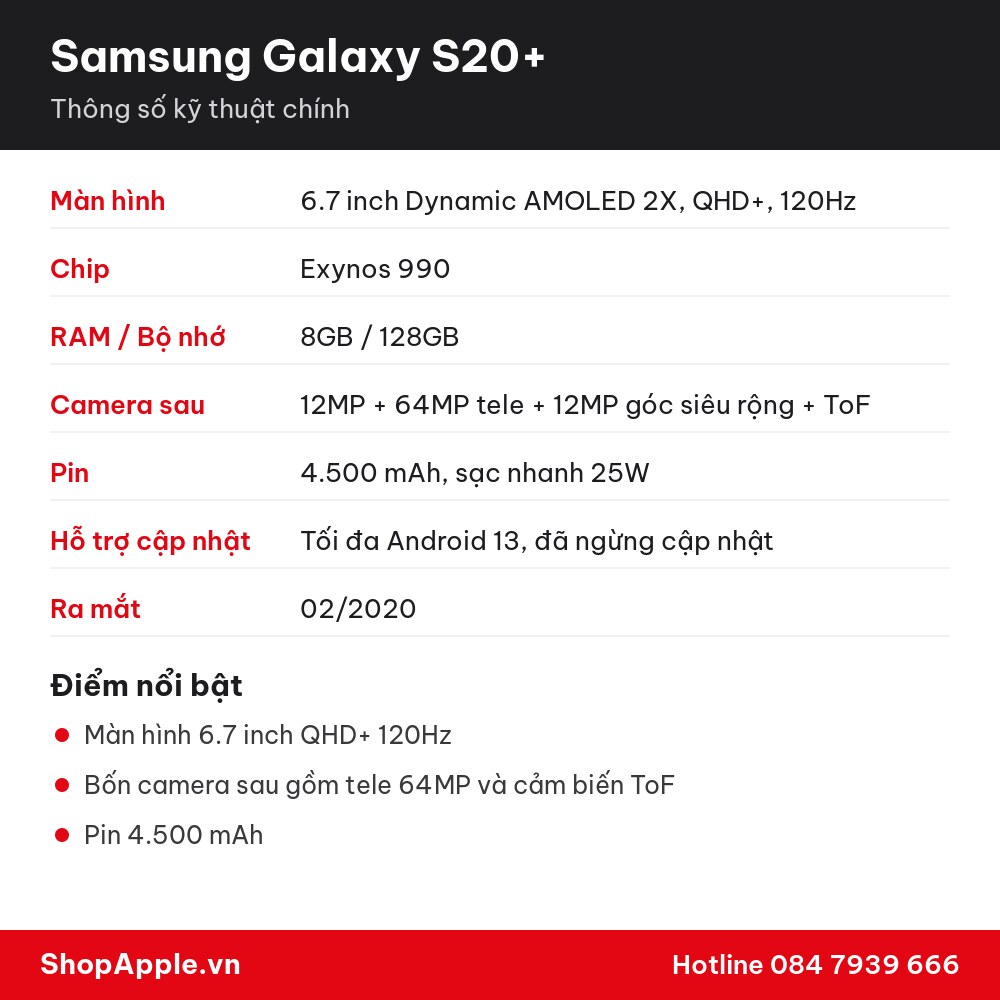 Thông số kỹ thuật Samsung Galaxy S20+