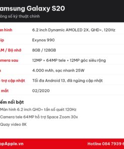 Thông số kỹ thuật Samsung Galaxy S20