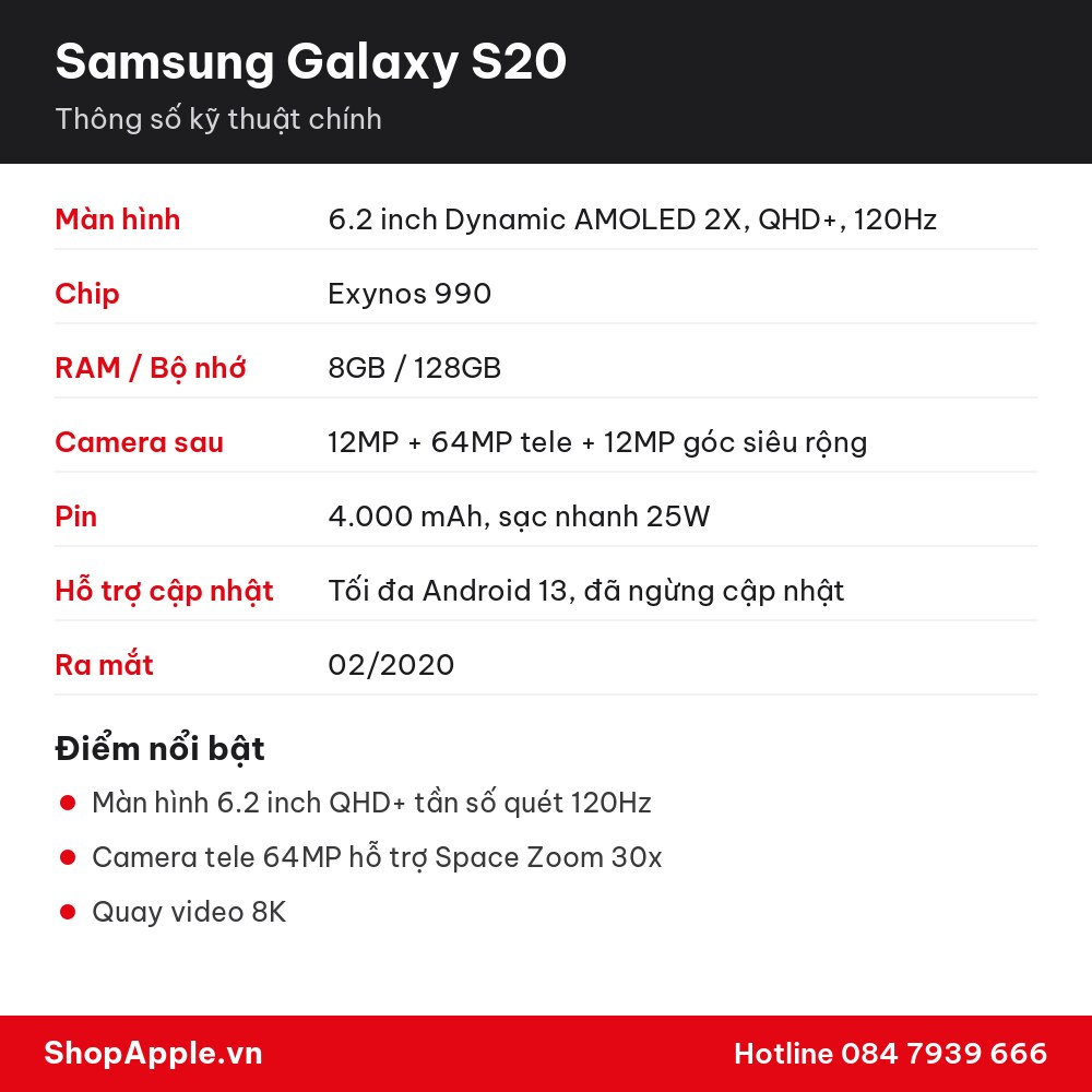 Thông số kỹ thuật Samsung Galaxy S20