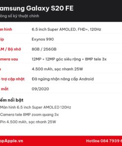 Thông số kỹ thuật Samsung Galaxy S20 FE