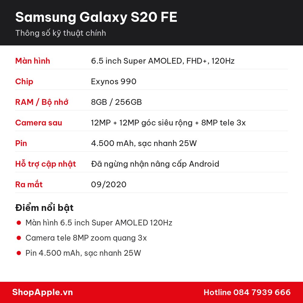 Thông số kỹ thuật Samsung Galaxy S20 FE