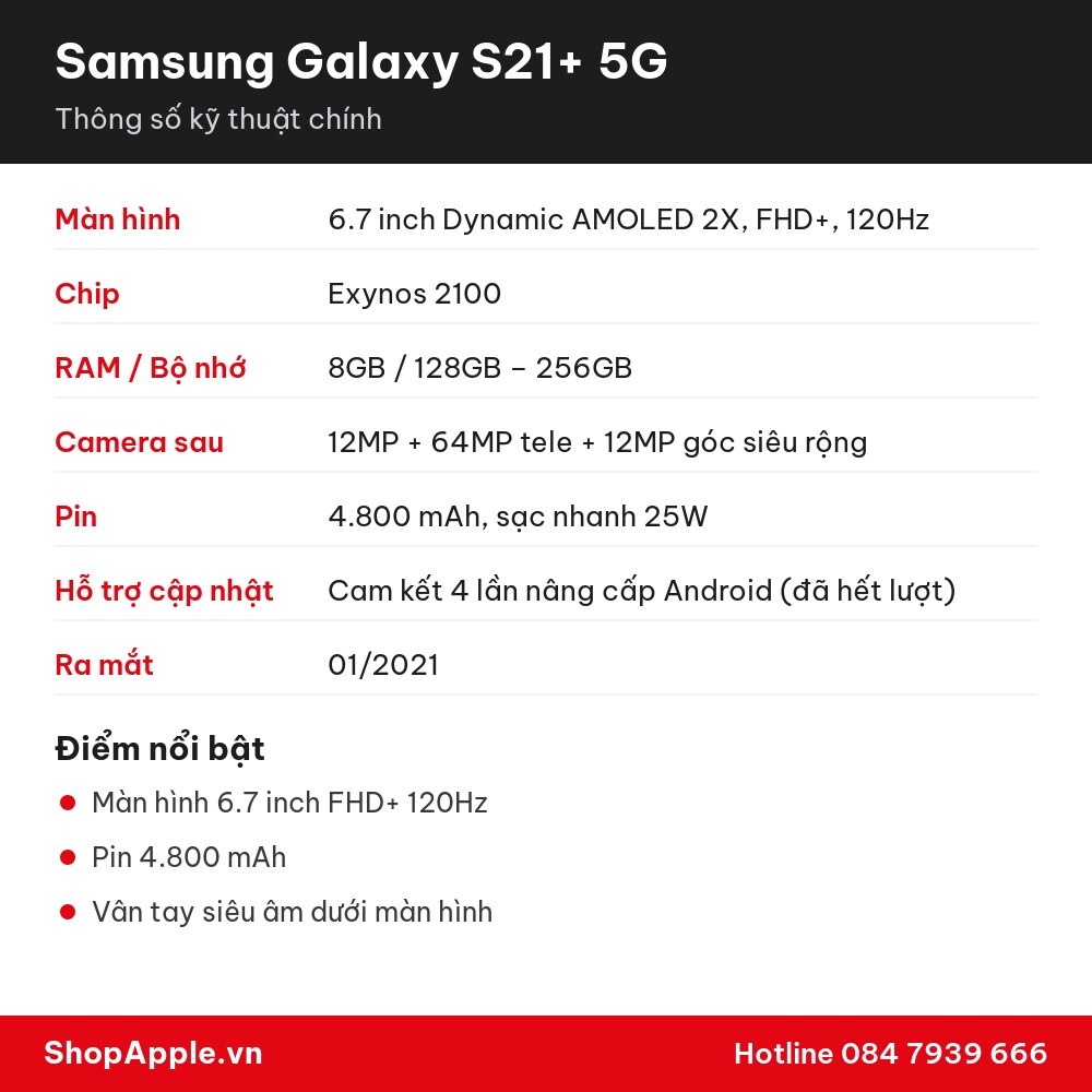 Thông số kỹ thuật Samsung Galaxy S21+ 5G