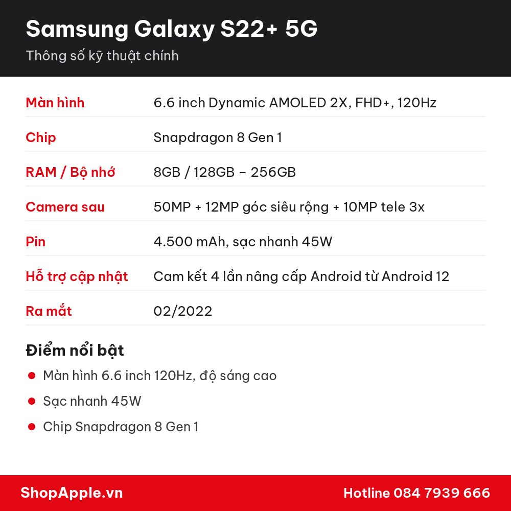 Thông số kỹ thuật Samsung Galaxy S22+ 5G