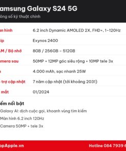 Thông số kỹ thuật Samsung Galaxy S24 5G