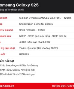 Thông số kỹ thuật Samsung Galaxy S25