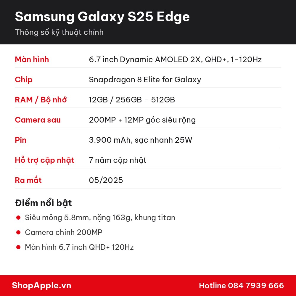 Thông số kỹ thuật Samsung Galaxy S25 Edge
