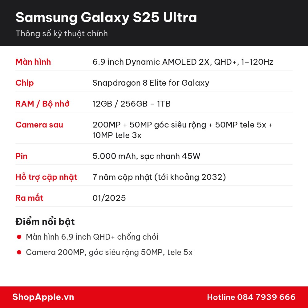 Thông số kỹ thuật Samsung Galaxy S25 Ultra