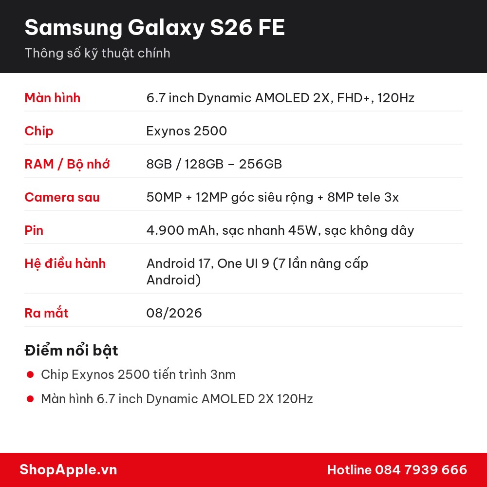 Thông số kỹ thuật Samsung Galaxy S26 FE