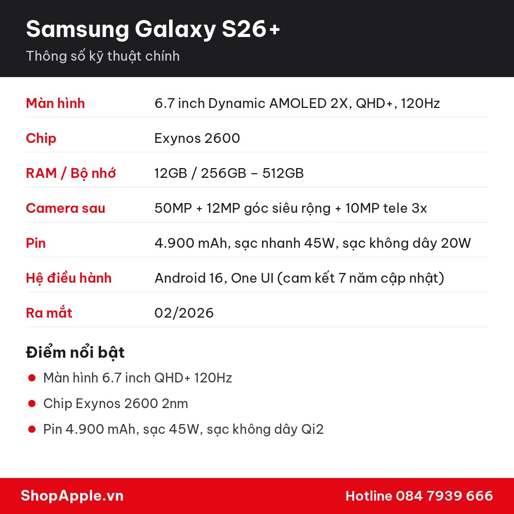 Thông số kỹ thuật Samsung Galaxy S26+