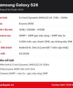 Thông số kỹ thuật Samsung Galaxy S26