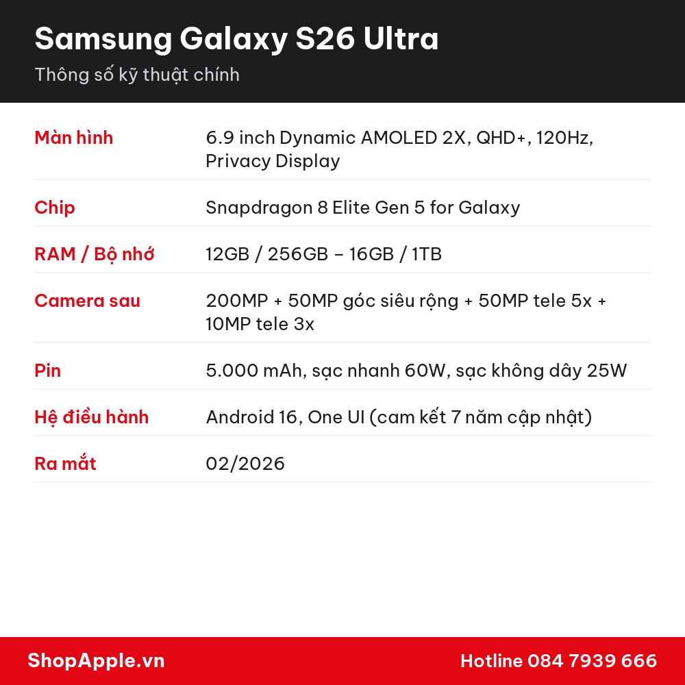 Thông số kỹ thuật Samsung Galaxy S26 Ultra