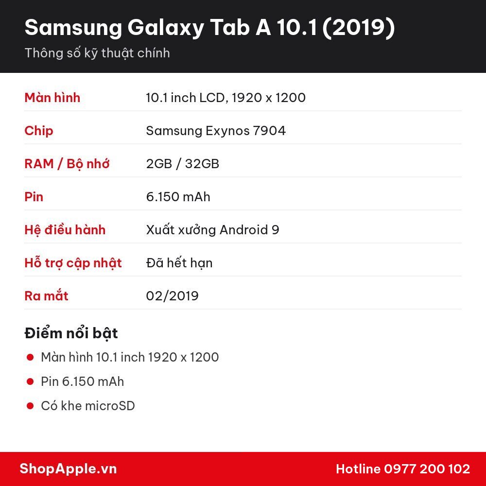 Thông số kỹ thuật Samsung Galaxy Tab A 10.1 (2019)