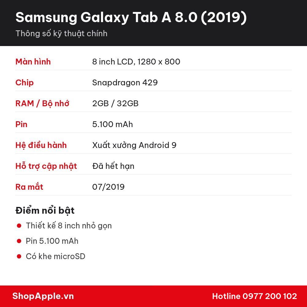Thông số kỹ thuật Samsung Galaxy Tab A 8.0 (2019)