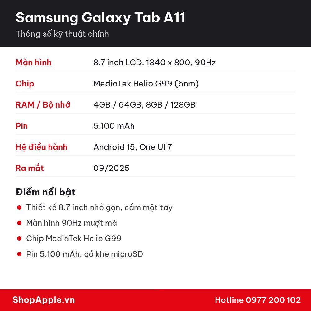 Thông số kỹ thuật Samsung Galaxy Tab A11
