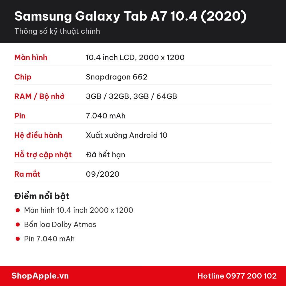 Thông số kỹ thuật Samsung Galaxy Tab A7 10.4 (2020)