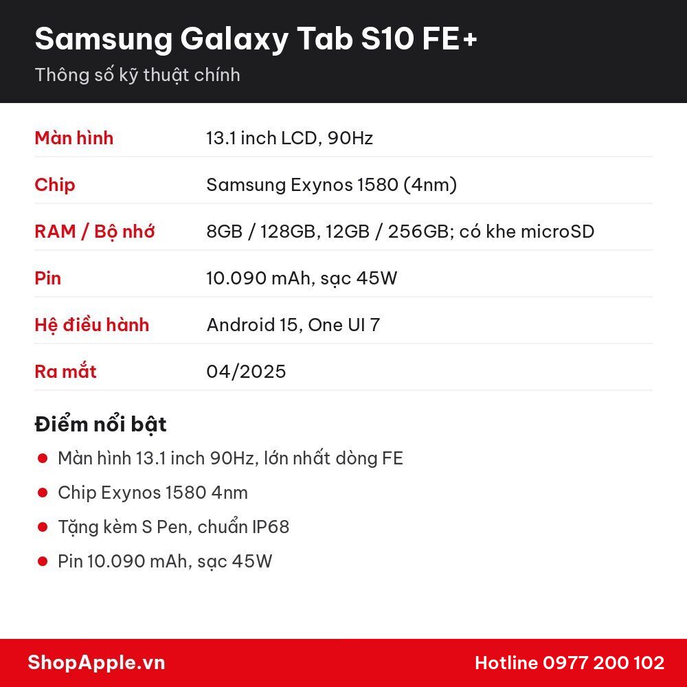 Thông số kỹ thuật Samsung Galaxy Tab S10 FE+