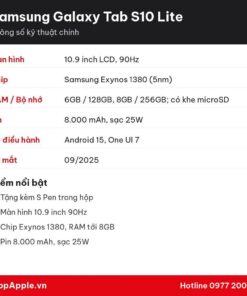 Thông số kỹ thuật Samsung Galaxy Tab S10 Lite