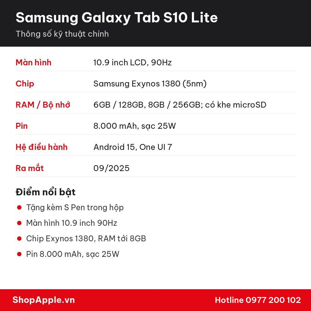 Thông số kỹ thuật Samsung Galaxy Tab S10 Lite