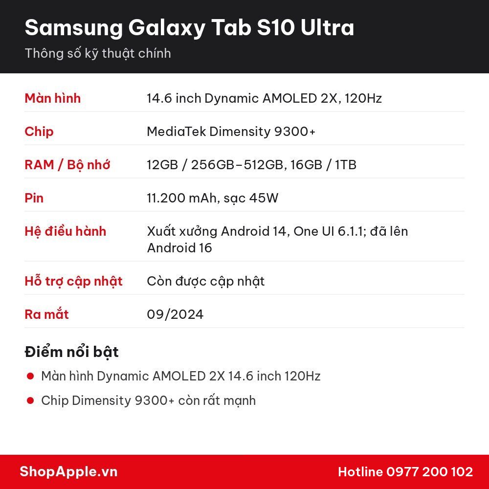 Thông số kỹ thuật Samsung Galaxy Tab S10 Ultra