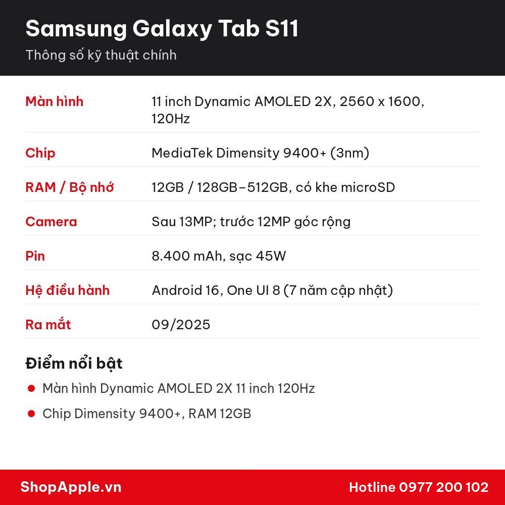 Thông số kỹ thuật Samsung Galaxy Tab S11