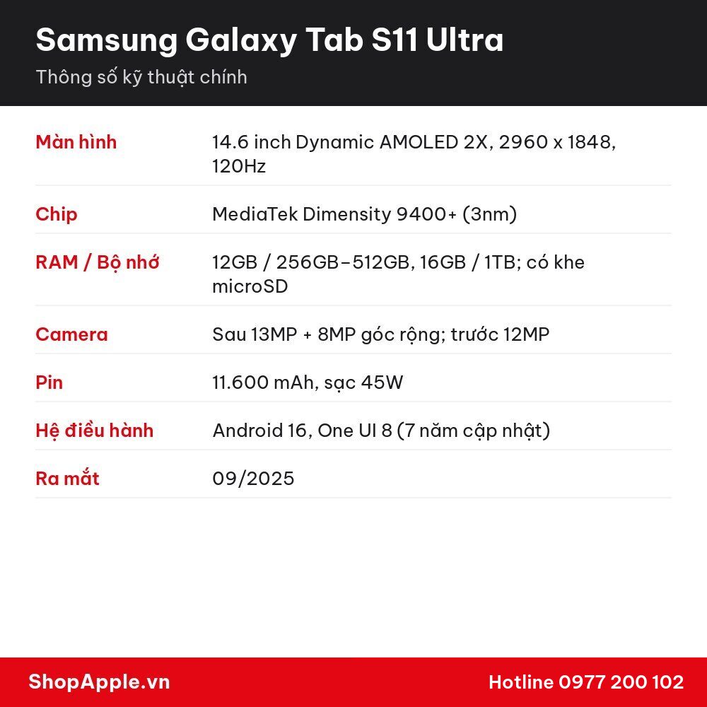 Thông số kỹ thuật Samsung Galaxy Tab S11 Ultra