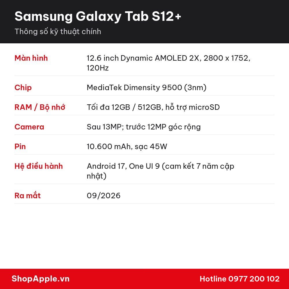 Thông số kỹ thuật Samsung Galaxy Tab S12+