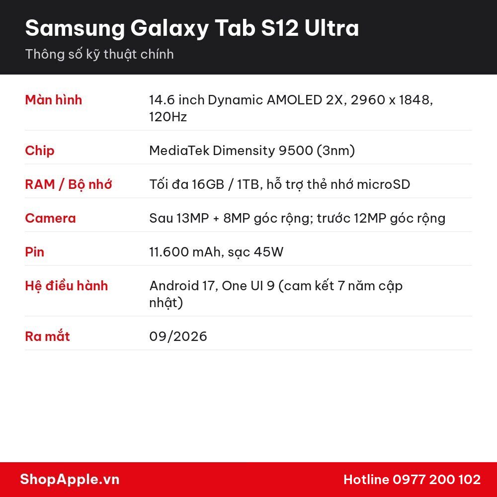 Thông số kỹ thuật Samsung Galaxy Tab S12 Ultra