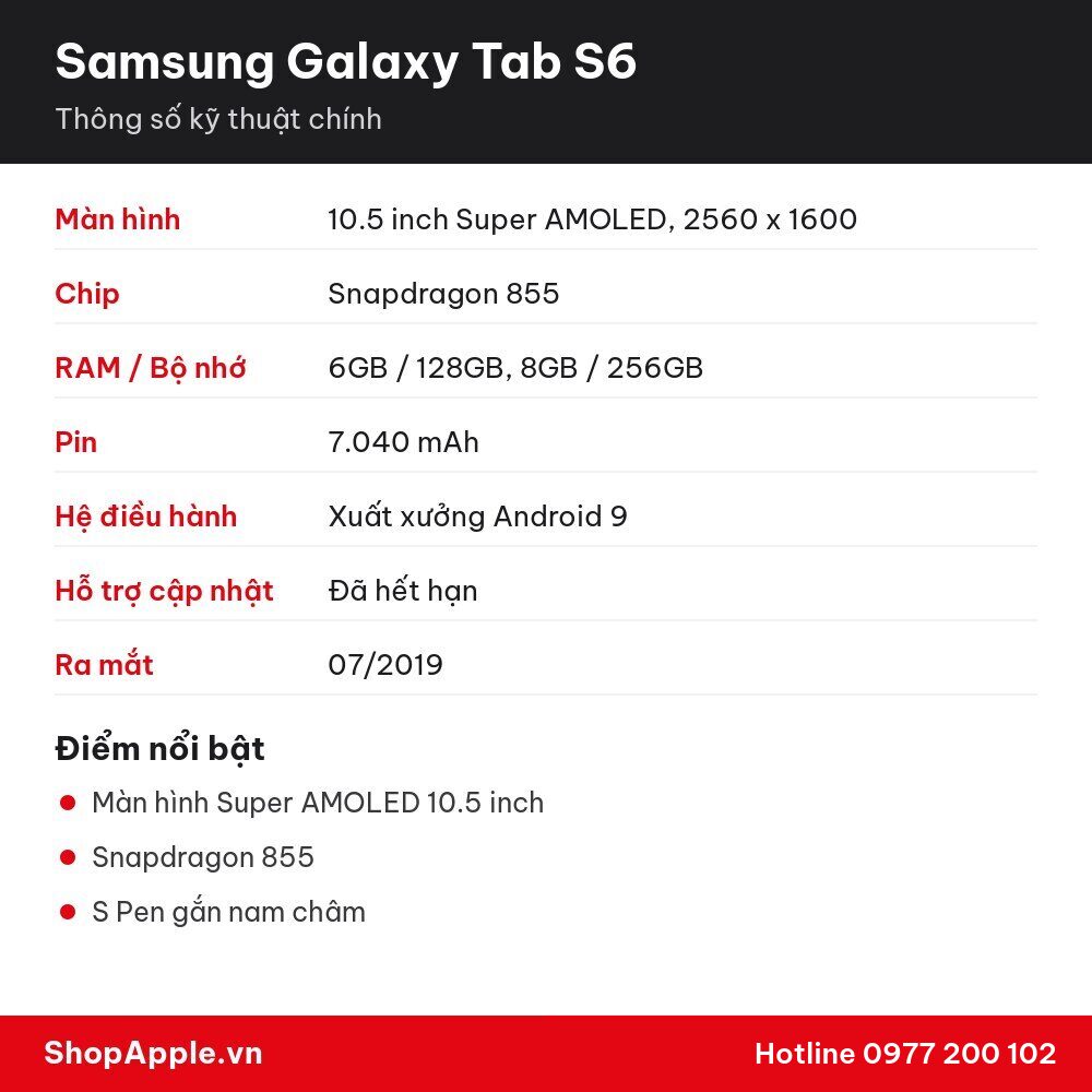 Thông số kỹ thuật Samsung Galaxy Tab S6