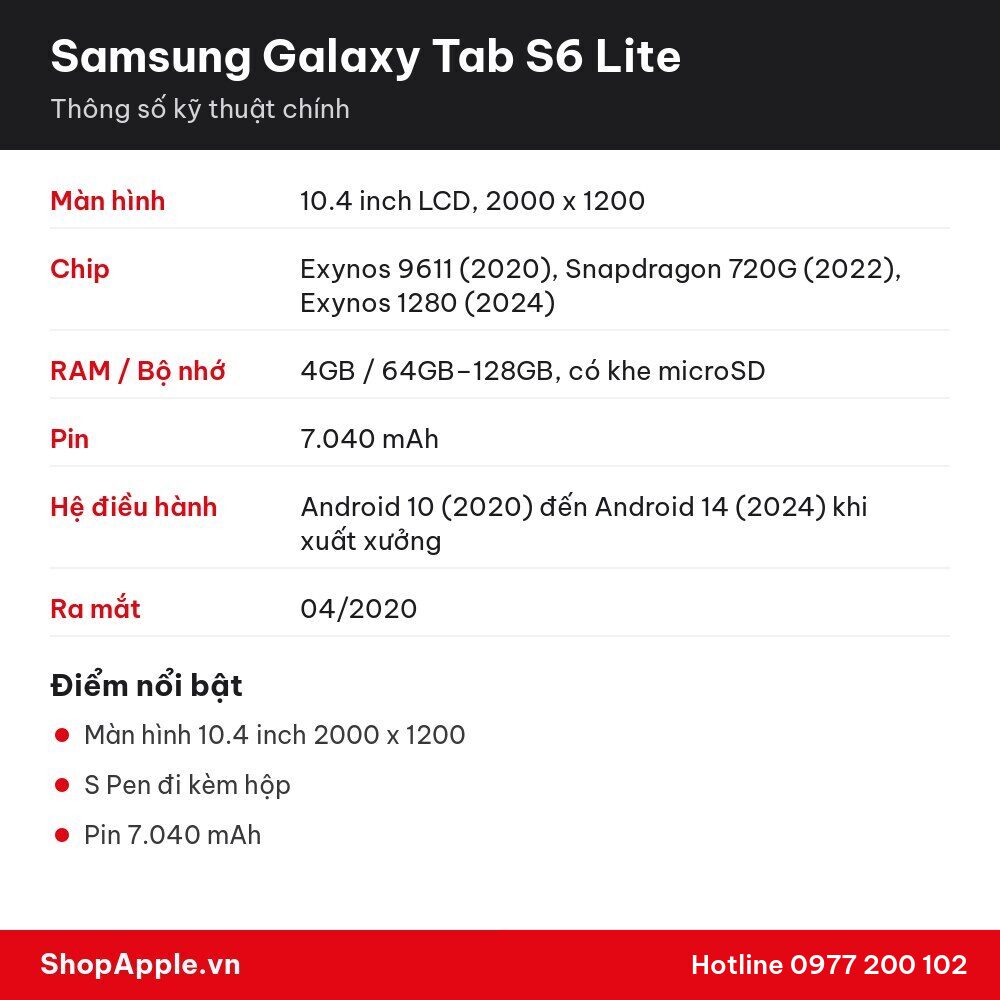 Thông số kỹ thuật Samsung Galaxy Tab S6 Lite