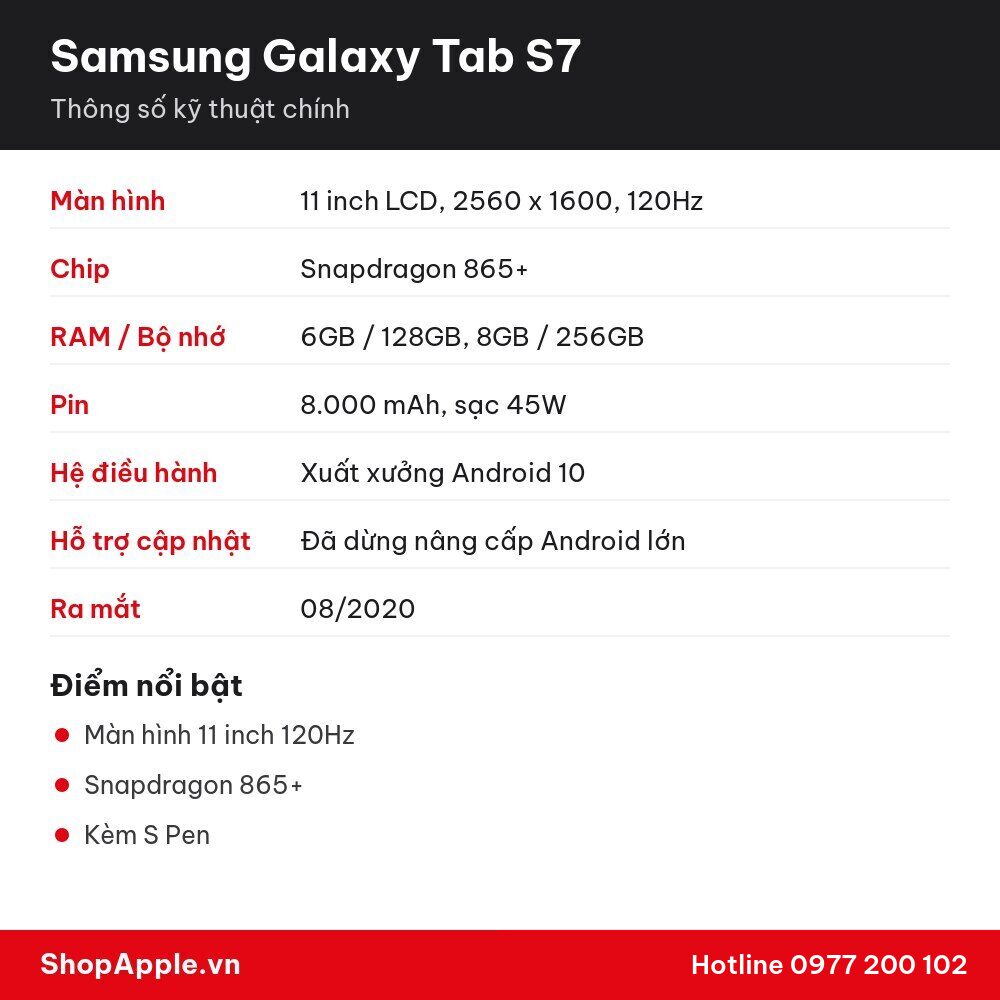 Thông số kỹ thuật Samsung Galaxy Tab S7