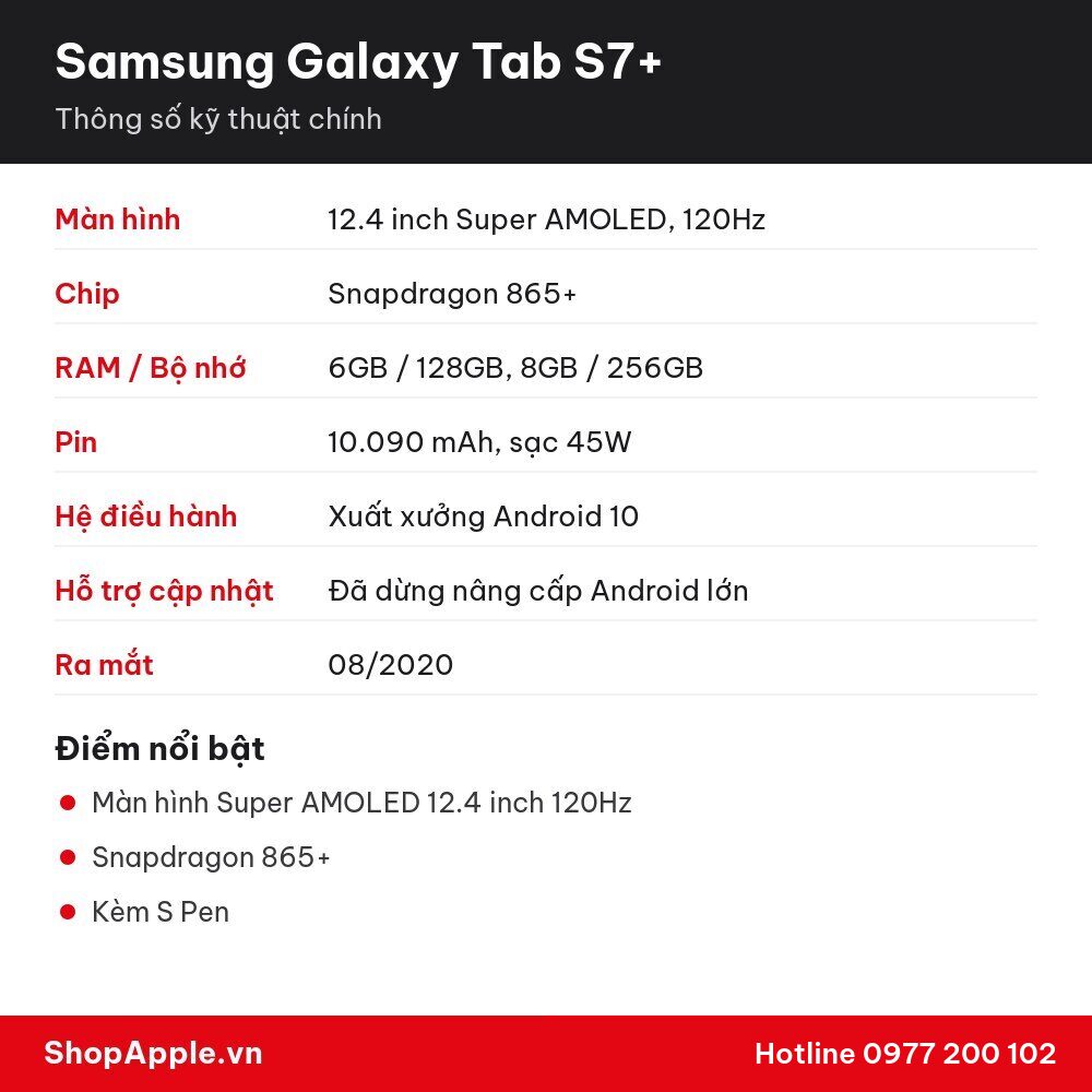 Thông số kỹ thuật Samsung Galaxy Tab S7+