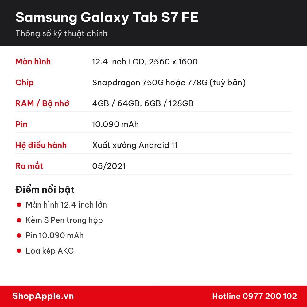 Thông số kỹ thuật Samsung Galaxy Tab S7 FE