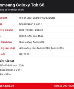 Thông số kỹ thuật Samsung Galaxy Tab S8
