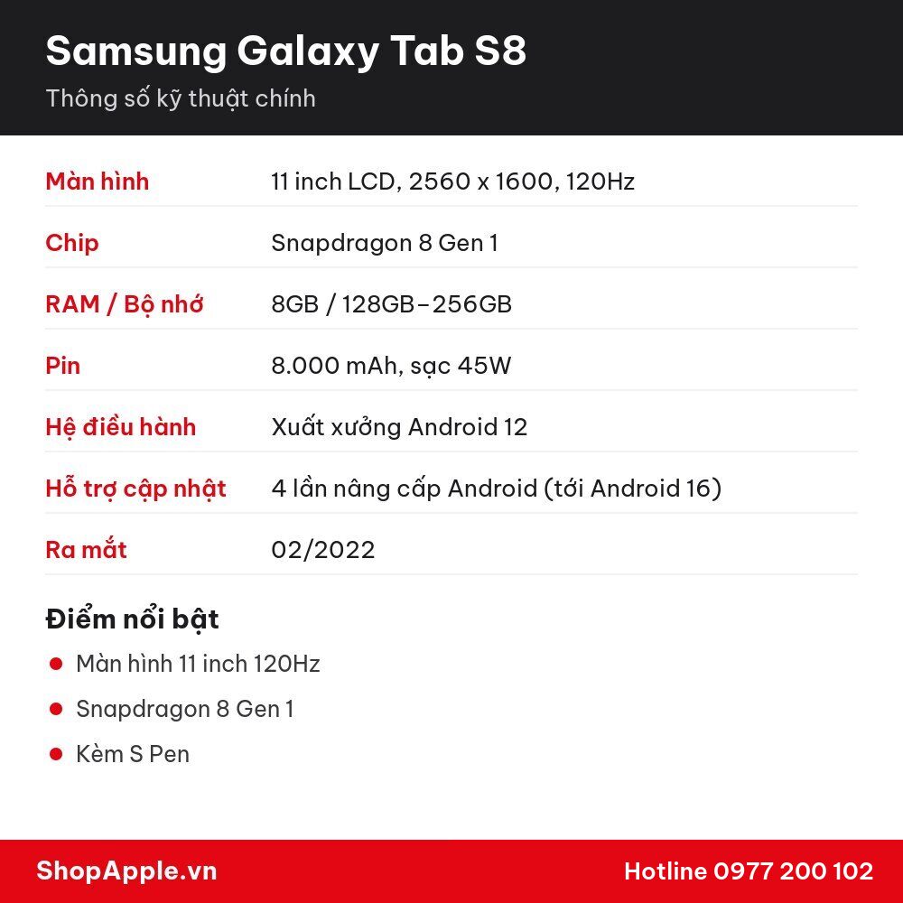 Thông số kỹ thuật Samsung Galaxy Tab S8