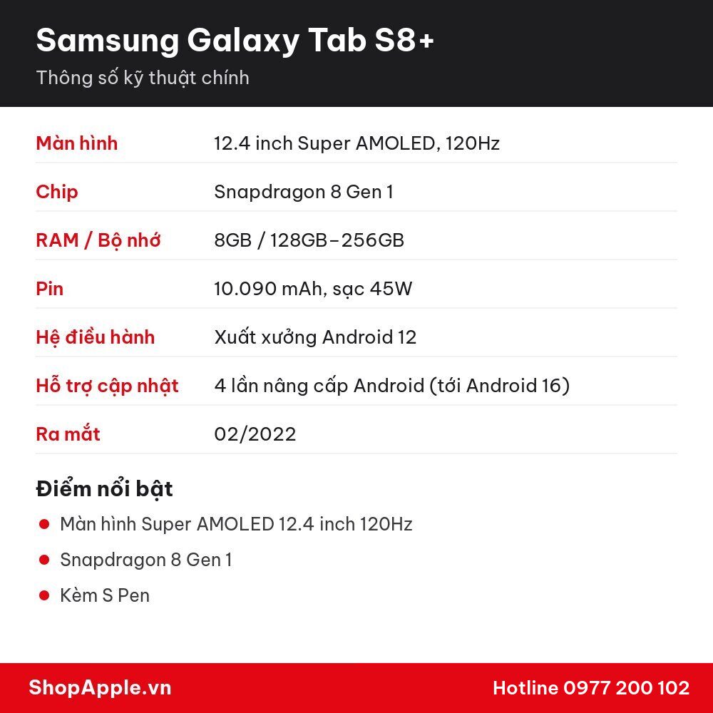 Thông số kỹ thuật Samsung Galaxy Tab S8+