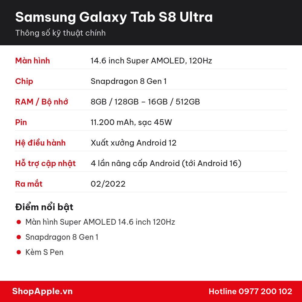 Thông số kỹ thuật Samsung Galaxy Tab S8 Ultra