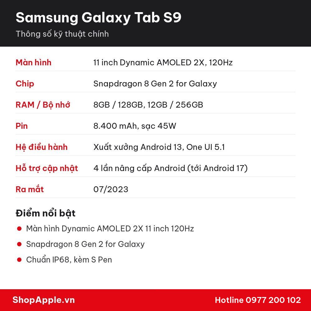 Thông số kỹ thuật Samsung Galaxy Tab S9