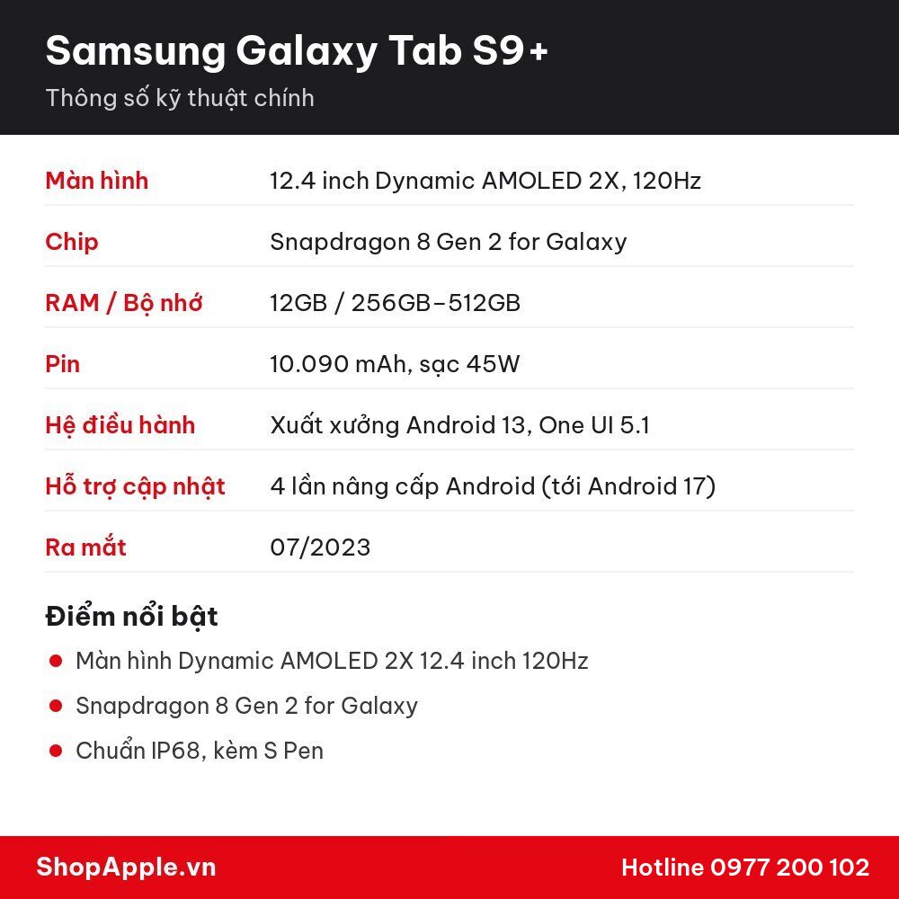 Thông số kỹ thuật Samsung Galaxy Tab S9+