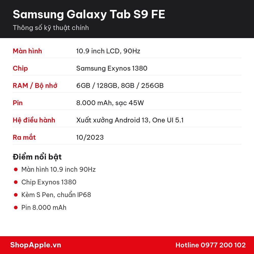 Thông số kỹ thuật Samsung Galaxy Tab S9 FE
