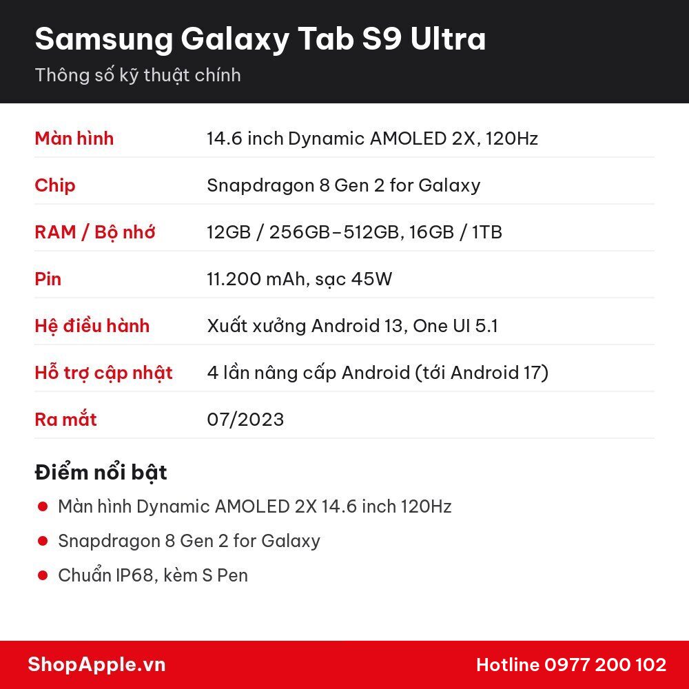 Thông số kỹ thuật Samsung Galaxy Tab S9 Ultra