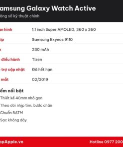 Thông số kỹ thuật Samsung Galaxy Watch Active