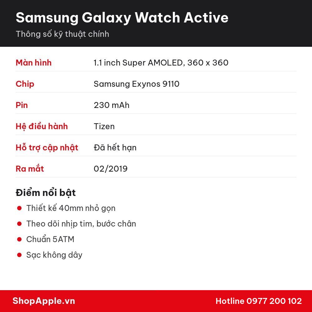 Thông số kỹ thuật Samsung Galaxy Watch Active