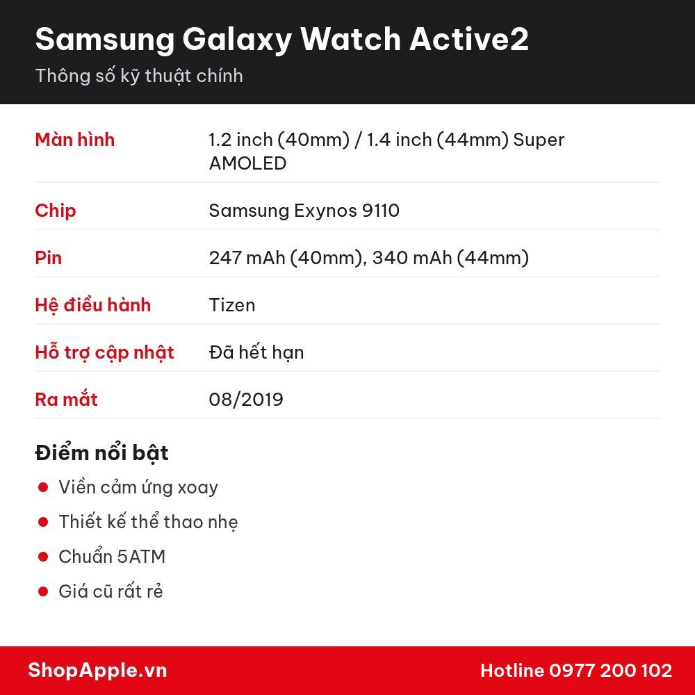 Thông số kỹ thuật Samsung Galaxy Watch Active2