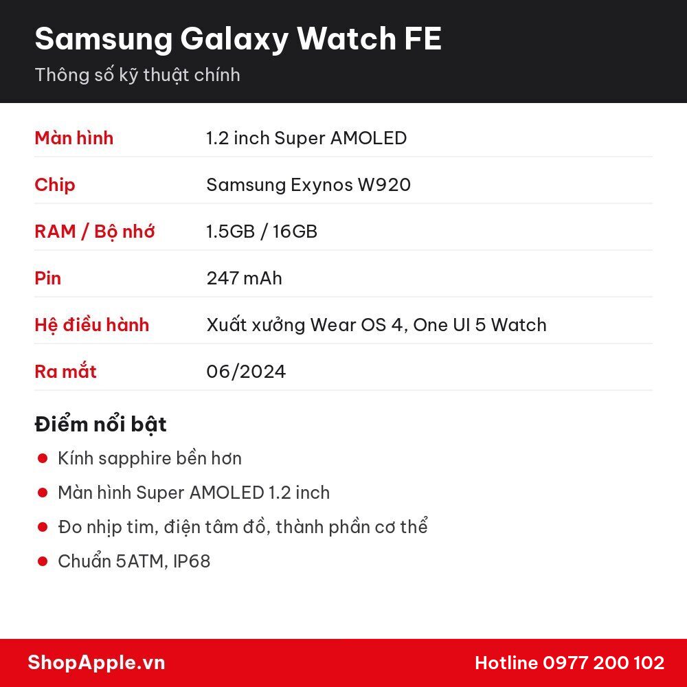 Thông số kỹ thuật Samsung Galaxy Watch FE