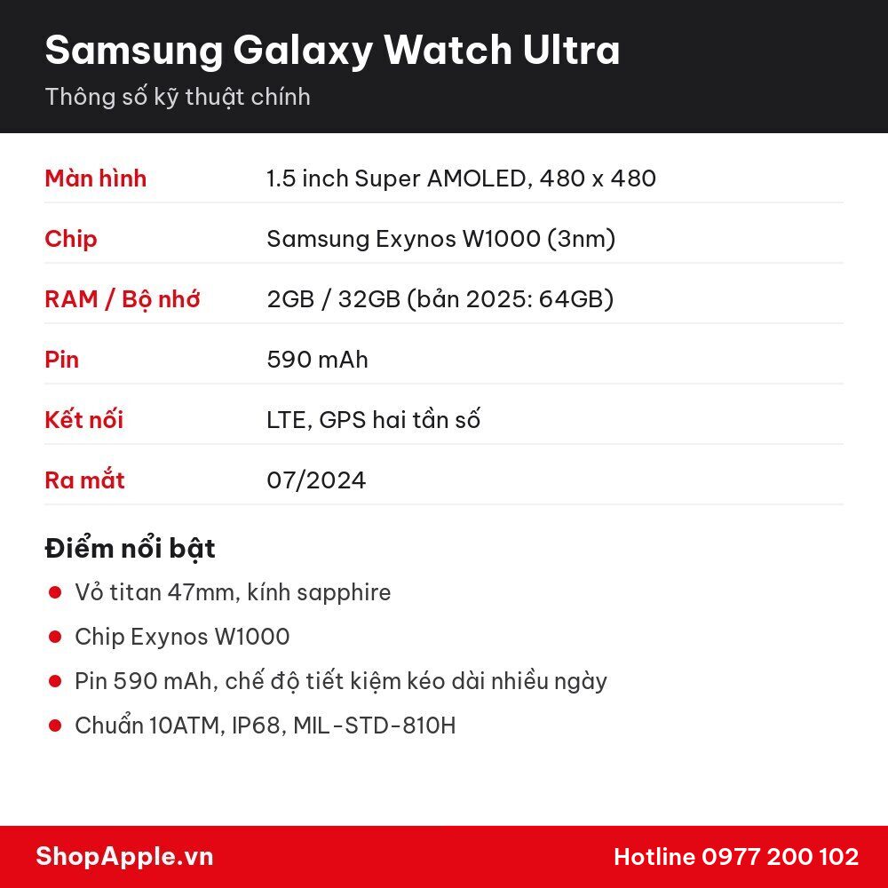 Thông số kỹ thuật Samsung Galaxy Watch Ultra